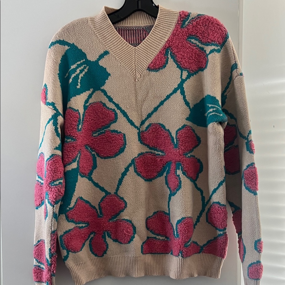 Floral Knit Sweater in Pink and Teal